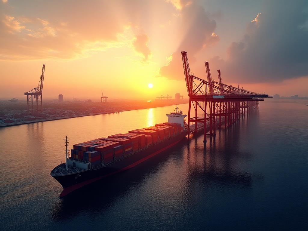 Miami port container logistics operations at sunset